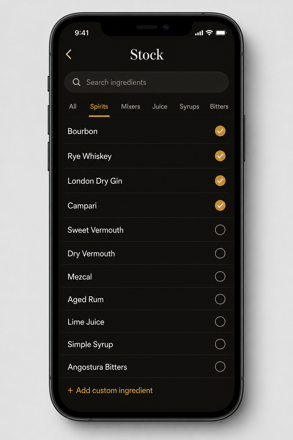 Build your bar screen listing spirits, mixers, bitters and citrus