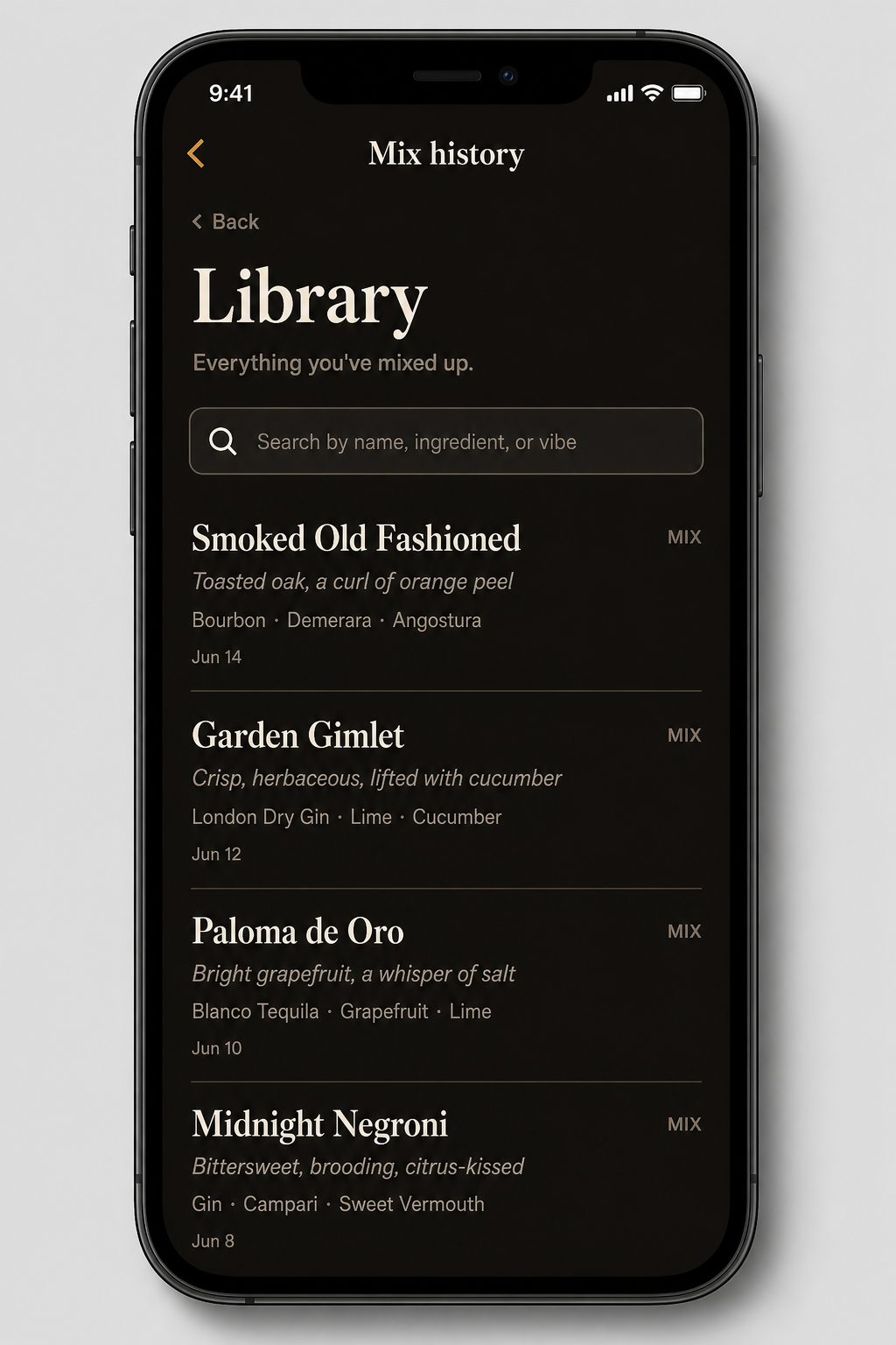 Library screen showing saved cocktail recipes
