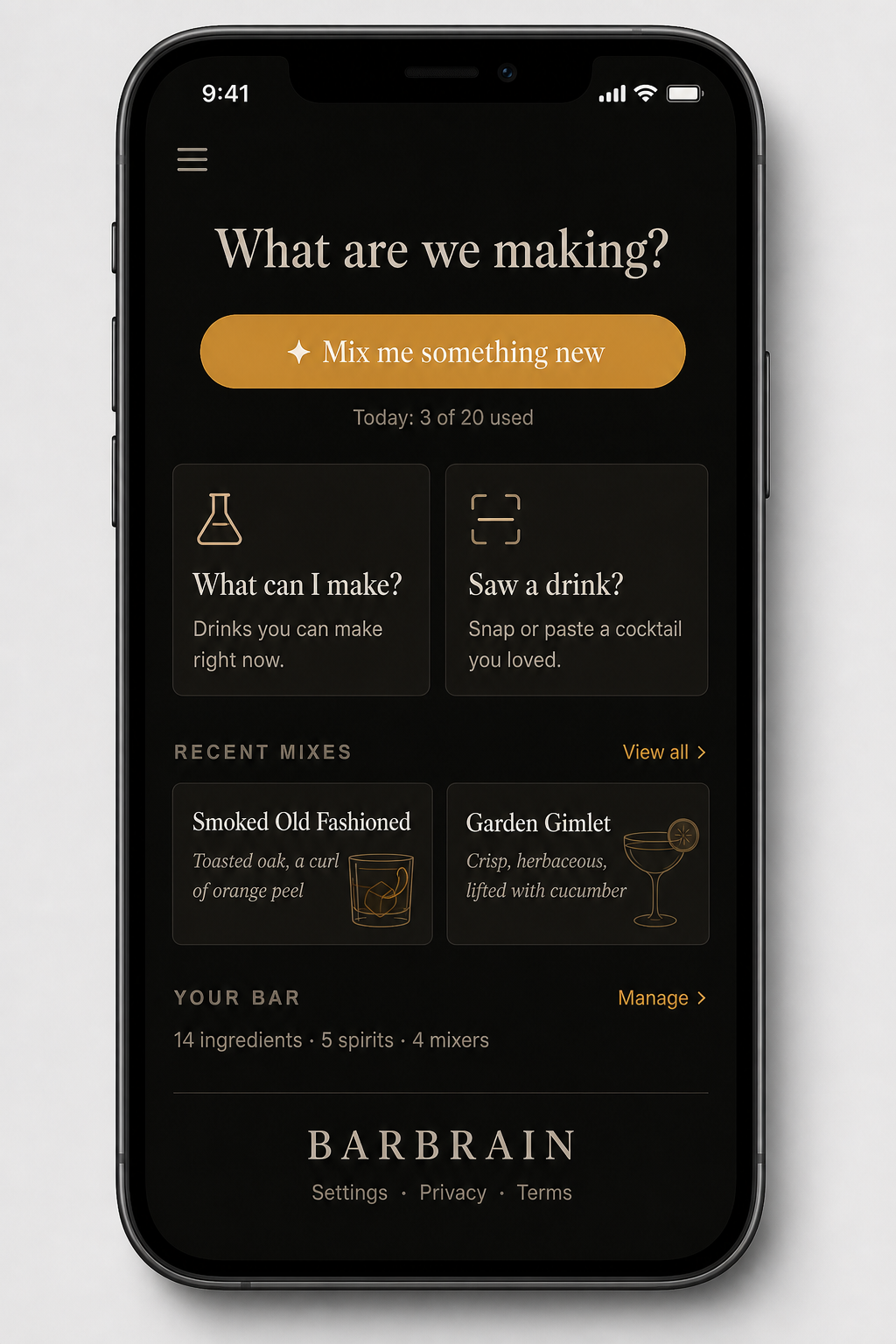 BarBrain recipe screen showing a Kentucky Porch Swing cocktail